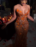 Mermaid Strapless Floor Length Orange Lace Sequin Evening Dress Prom Dresses SD2418 HZ0628