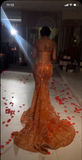 Mermaid Strapless Floor Length Orange Lace Sequin Evening Dress Prom Dresses SD2418 HZ0628