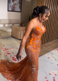 Mermaid Strapless Floor Length Orange Lace Sequin Evening Dress Prom Dresses SD2418 HZ0628