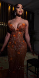 Mermaid Strapless Floor Length Orange Lace Sequin Evening Dress Prom Dresses SD2418 HZ0628