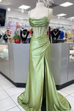Sage Scoop Neck Satin Mermaid Long Prom Dress with Slit Formal Gown Evening Dress SD2419 HZ0628