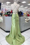 Sage Scoop Neck Satin Mermaid Long Prom Dress with Slit Formal Gown Evening Dress SD2419 HZ0628
