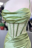 Sage Scoop Neck Satin Mermaid Long Prom Dress with Slit Formal Gown Evening Dress SD2419 HZ0628