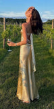 Mermaid Strapless Neckline Long Party Dress Satin Yellow Prom Dresses SD2424 HZ0628