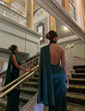 Sheath High Neckline Satin Long Party Dress Green Prom Dresses SD2448
