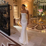 Mermaid Spaghetti Straps Long White Prom Dresses Formal Graduation Party Dress Evening Dress SD2461 HZ0628