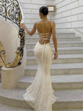 Mermaid Spaghetti Straps Long White Prom Dresses Formal Graduation Party Dress Evening Dress SD2461 HZ0628