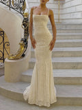 Mermaid Spaghetti Straps Long White Prom Dresses Formal Graduation Party Dress Evening Dress SD2461 HZ0628