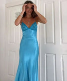 Spaghetti Strap Sleeveless Mermaid Satin Long Backless Prom Dresses SD2470 HZ0628