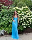 Spaghetti Strap Sleeveless Mermaid Satin Long Backless Prom Dresses SD2470 HZ0628