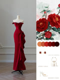 Mermaid Off The Shoulder Neckline Burgundy Sequin Long Party Dress Prom Dresses SD2478