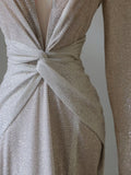 Mermaid V Neckline Long Sleeves Sequin Ruffles Long Evening Dress Prom Dresses SD2499