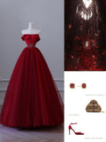 Balll Gown Strapless Red Tulle Long Evening Dress Prom Dresses SD2516