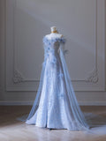 Balll Gown Sweetheart Floral Blue Tulle Long Evening Dress Prom Dresses SD2518