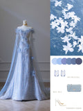 Balll Gown Sweetheart Floral Blue Tulle Long Evening Dress Prom Dresses SD2518