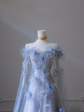 Balll Gown Sweetheart Floral Blue Tulle Long Evening Dress Prom Dresses SD2518