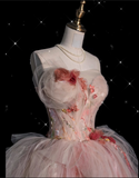 Ball Gown Sweetheart Pink Floral Tulle Long Evening Dress Prom Dresses SD2525