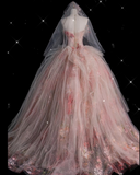 Ball Gown Sweetheart Pink Floral Tulle Long Evening Dress Prom Dresses SD2525