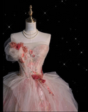 Ball Gown Sweetheart Pink Floral Tulle Long Evening Dress Prom Dresses SD2525