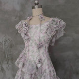 A Line Scoop Short Sleeves Floral Ruffles Prom Dresses Birthday Dress For Women SD253
