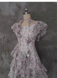 A Line Scoop Short Sleeves Floral Ruffles Prom Dresses Birthday Dress For Women SD253