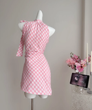 Neck Off Shoulder Pink Plaid Sleeveless Dress Irregular Bow Holiday Dresses SD258