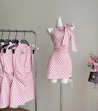 Neck Off Shoulder Pink Plaid Sleeveless Dress Irregular Bow Holiday Dresses SD258