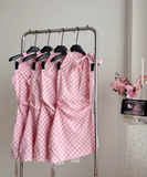 Neck Off Shoulder Pink Plaid Sleeveless Dress Irregular Bow Holiday Dresses SD258