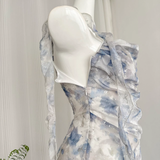Straps Sleeveless Floral Blue Dress Short Holiday Dresses SD260