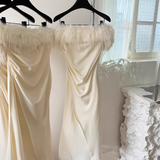 Strapless Sleeveless Ivory Feather Dress Slit Holiday Dresses SD261