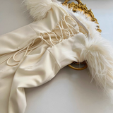 Strapless Sleeveless Ivory Feather Dress Slit Holiday Dresses SD261