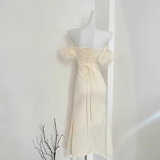 Strapless Sleeveless Ivory Feather Dress Slit Holiday Dresses SD261