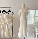 Strapless Sleeveless Ivory Feather Dress Slit Holiday Dresses SD261