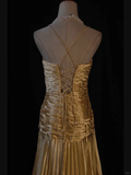 A Line Halter Gold Satin Beads Long Evening Dress Prom Dresses SD2701 HZ0628