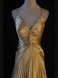 A Line Halter Gold Satin Beads Long Evening Dress Prom Dresses SD2701 HZ0628