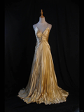 A Line Halter Gold Satin Beads Long Evening Dress Prom Dresses SD2701 HZ0628