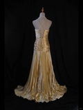 A Line Halter Gold Satin Beads Long Evening Dress Prom Dresses SD2701 HZ0628