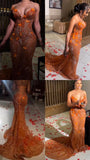 Mermaid Sweetheart Orange Tulle Sequin Evening Gowns Long Prom Dress S2702