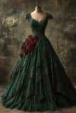 Ball Gown Short Sleeves Dark Green Lace Long Party Dress Satin Prom Dresses SD2704 HZ0628