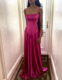 A line Spaghetti Straps Pink Satin Long Party Dresses Prom Dresses SD2705 HZ0628