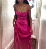 A line Spaghetti Straps Pink Satin Long Party Dresses Prom Dresses SD2705 HZ0628