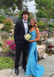 Mermaid Spaghetti Straps Blue Backless Long Party Dresses Prom Dresses SD2706
