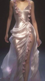 Sheath Straps Pink Slit Long Prom Dresses Formal Evening Dresses SD2713