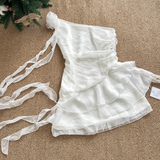 Sheath One Shoulder White Holiday Dresses Short Ruffles Birthday Outfits SD274