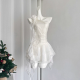 Sheath One Shoulder White Holiday Dresses Short Ruffles Birthday Outfits SD274