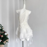 Sheath One Shoulder White Holiday Dresses Short Ruffles Birthday Outfits SD274