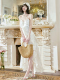 A Line High Low Ruffles Long Evening Dress Lace White Prom Dresses SD2750