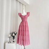 A line Sleeveless Holiday Dresses Ankle Length Ruffles Pink Birthday Outfits SD276