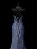 Mermaid Spaghetti Straps Navy Blue Sequin Long Evening Gowns Prom Dress SD2765 HZ0628