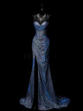 Mermaid Spaghetti Straps Navy Blue Sequin Long Evening Gowns Prom Dress SD2765 HZ0628